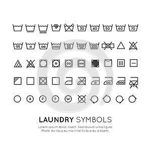 The symbols on the labels of clothes washing, wringing, drying, ironing, thin line design. Conventional linear sign