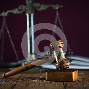 Symbols of law and justice. Themis. Dark rustic background