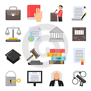 Symbols of legal regulations. Juridical icons set in flat style photo