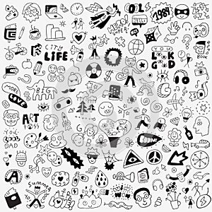 Symbols, lettering, characters - big doodle set, design elements