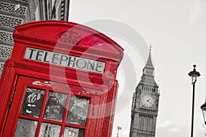 Symbols of London inline with isolated red telephone box