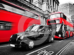 Symbols of London, the UK. Red buses, black taxi cab. Black and white