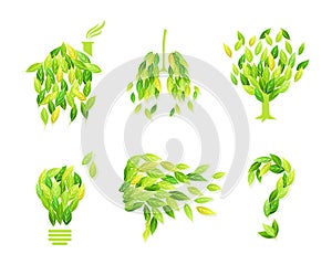 Symbols made of green leaves set. Light bulb, question mark, heart, house,human lungs ecology signs vector illustration