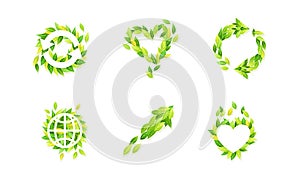 Symbols made of green leaves set. Logo, emblem, creative ecology design vector illustration