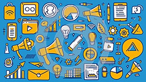 Symbols of market strategy in internet and social media: phone, graph, target, briefcase, megaphone. Modern doodle set.