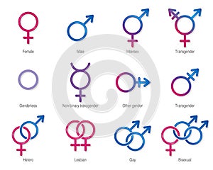 Symbols of masculine, feminine and of different sexual orientations on white background. Vector image