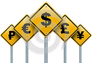 Symbols of monetary currencies in the world on the road signs.