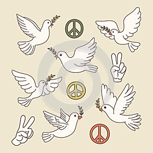 Symbols of Peace - Hand Gesture, Dove, Olive Branch Icon Collection. Pigeon Bird Set, Flat Vector Illustration