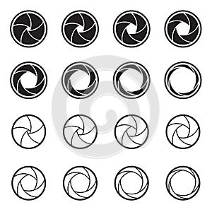 Symbols of photo, video, cinema camera objectives and lens apertures