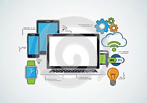 Are symbols representing Wi-Fi, cloud computing, gears, and a light