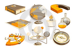 Symbols of science and geography. Tools for laboratory. Vector monochrome pictures set