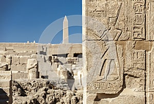 Symbols signs figures of the Pharaohs fnd hieroglyphs on the wall in Karnak temple. Luxor, Egypt.