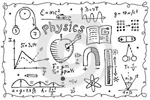 Symbols and signs for the school lesson physics, numbers, formulas, magnet, speed, gravity. Hand drawn doodle black line
