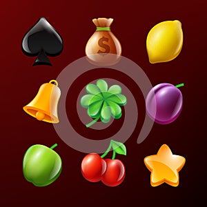 Symbols of slot machine. Set of vector realistic pictures