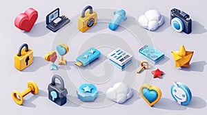 Symbols for social media, like heart, padlock, and stars are 3D. The icon set also includes cloud storage, document