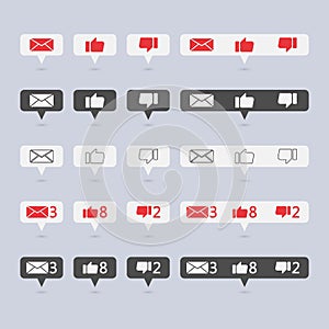 Symbols for social network. Notification icons social media notification. Template comment, like, not like.