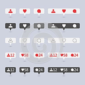 Symbols for social network. Notification icons social media notification. Template heart, comment, request in friend.