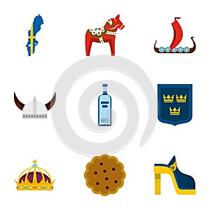 Symbols of Sweden icons set, flat style