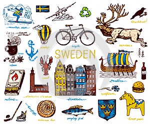 Symbols of Sweden in vintage style. Retro sketch with traditional signs. Scandinavian culture, national entertainment in