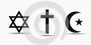 Symbols of the three world religions - Judaism, Christianity and Islam.