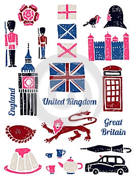 Symbols of UK set in lino style