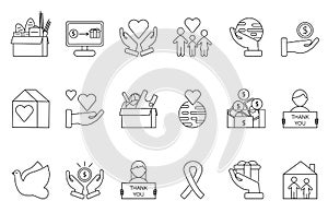 Symbols of volunteers and charities organisations. Monolines icons set photo