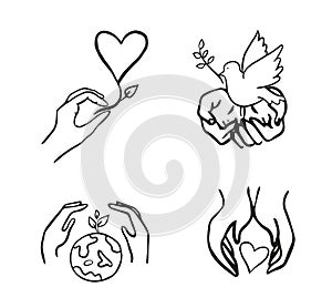 Symbols of the world of kindness and love. Dove in hand. Heart in hand.Hands protecting the planet.Peace to the world.
