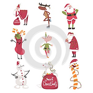 Symbols of Xmas and New Year Holidays Set, Cute Santa Claus, Snowman, Elf, Candy Cane Characters Cartoon Style Vector