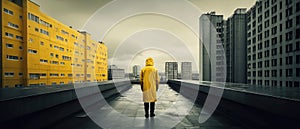 Symetrical Brutal architecture urban poster, man in yellow raincoat