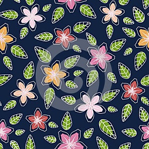 Symmetric pink lilies white outline over dark blue background  contrast unfit colored, seamless pattern