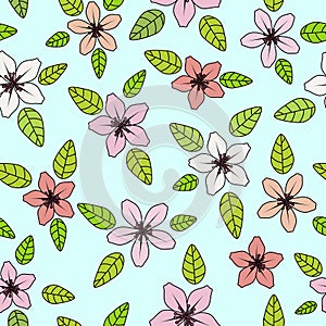 Symmetric pink lilies illustration with dark outlines seamless pattern