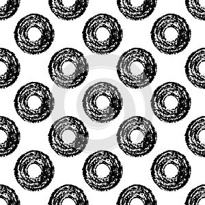 Symmetric Seamless Pattern of Hand-Drawn Black Circles on White Background. Style of Children\'s Drawing