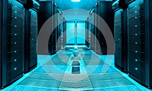 Symmetric server room with rows of mainframes in modern data center, futuristic design photo