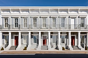 symmetric terraces on a greek revival building facade