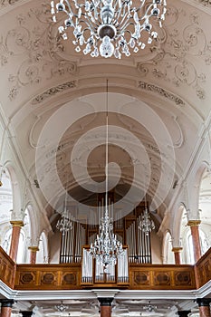Symmetric view on organ pipe of St. Peter church in Zurich