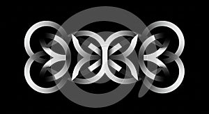 Symmetrical abstract design with interlocking black and white loops on a black