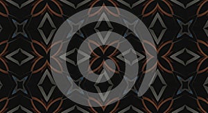 A symmetrical, abstract pattern featuring interlocking geometric shapes in shades of
