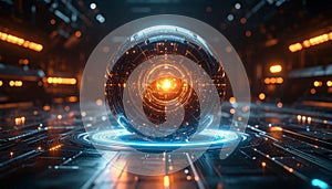 Symmetrical AI Core Sphere Suspended in Liquid Metal. AI themed Background. Generated Image