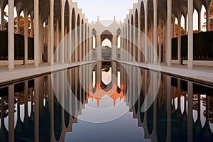 symmetrical architecture mirrored in a still reflecting pool