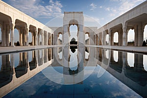symmetrical architecture mirrored in a still reflecting pool