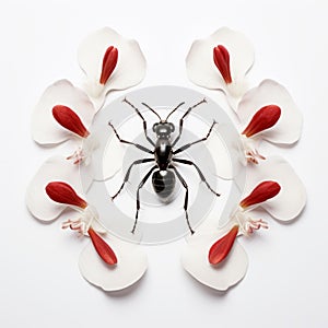 Symmetrical Arrangement: Black Ant With Red Orchid Petals