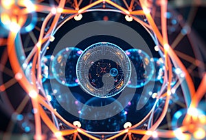 A symmetrical arrangement of interconnected, glowing orbs and structural orange lines