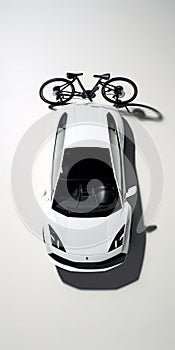 Symmetrical Arrangement Of White Sports Car With Bicycle Attached
