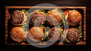 Symmetrical Arrangements Of Hamburgers On Wooden Platter