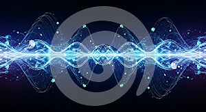 Symmetrical audio waveform visualization with glowing lines and spheres