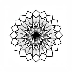 A symmetrical black geometric pattern composed of interconnected lines and shapes