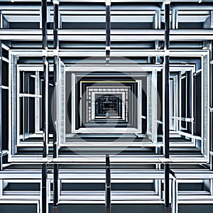 A symmetrical composition of intersecting lines and squares in metallic tones, giving a futuristic and industrial feel1, Generat