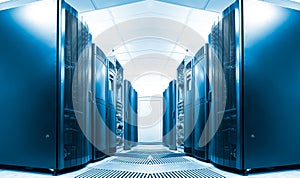 Symmetrical data center room with rows of equipment