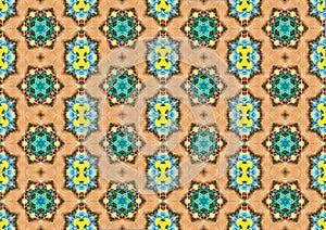 Symmetrical design with green stars on a brown background.