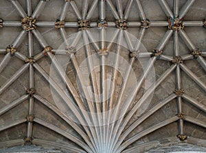 The symmetrical detail of the vaulted ceiling and ornate bosses in Norwich Cathedral, Norfolk, UK